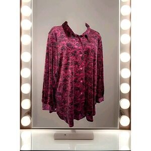 Woman Within Velvet Blouse 2X Pink w/Black Paisley Print Button Front Stretch